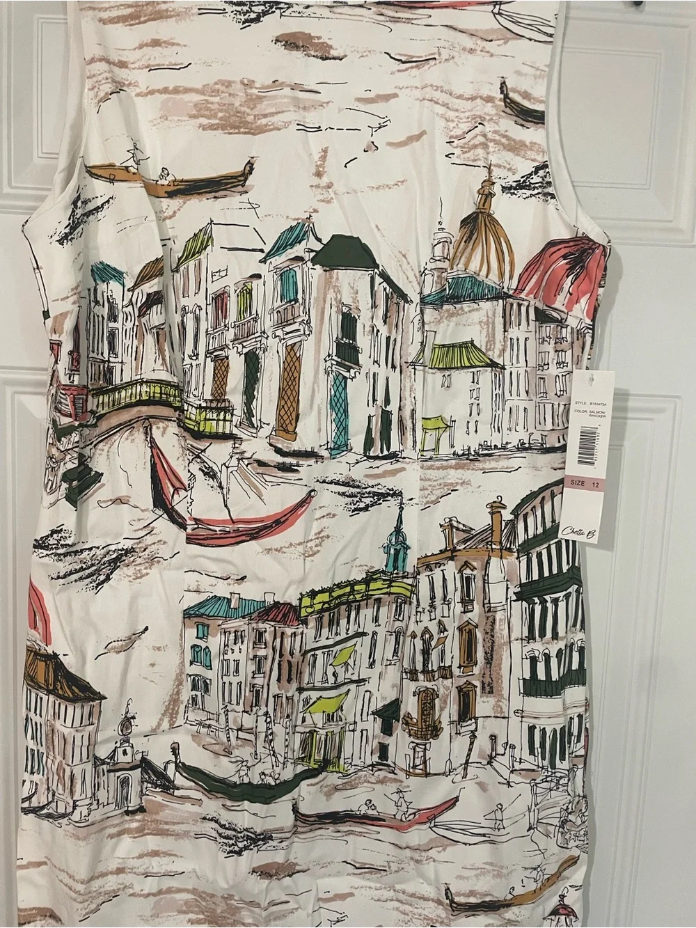 Chetta B Venice Italy Scenic Sketch Print Sleeveless Sheath Cotton Dress Size 12 - Picture 7 of 8